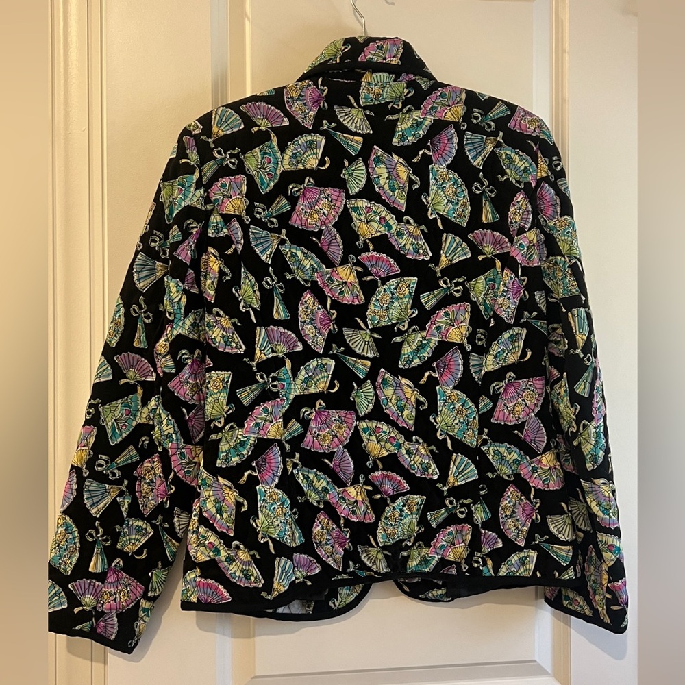 Vintage R.Q.T Elegant Black Japanese Fan Patterned Women's Quilted Jacket Size M